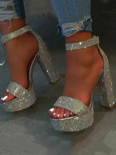 Plateau-Sandalen mit Strass und klobigem Absatz